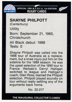 1991 Regina NZRFU 1st Edition #32 Shayne Philpott Back
